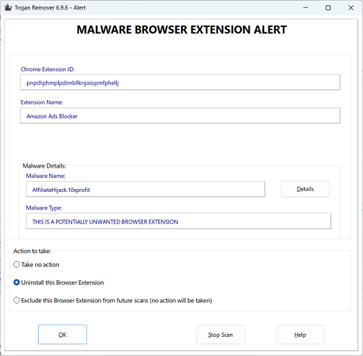 A Malware Browser Extension Alert screen example