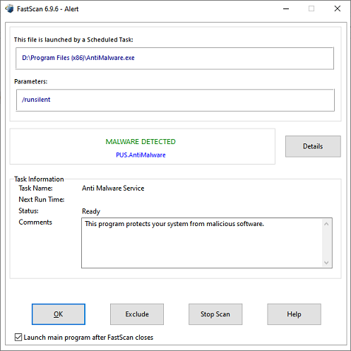 Scheduled Task Malware Alert screen